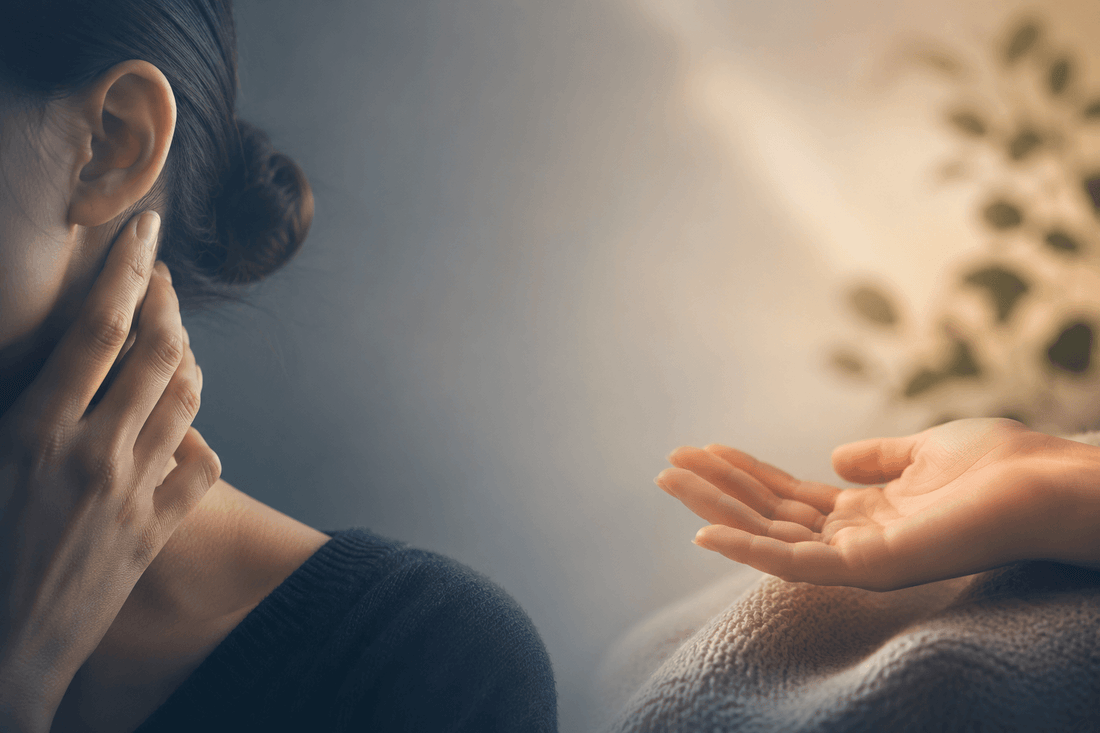 A lady with her hand near the vagus nerve on her neck and an open palm side by side