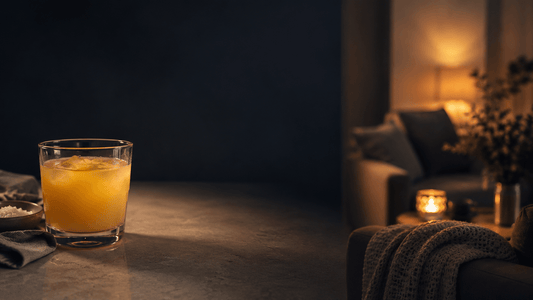 Calm evening scene with dim lighting, no screens, and an orange juice on the bench top