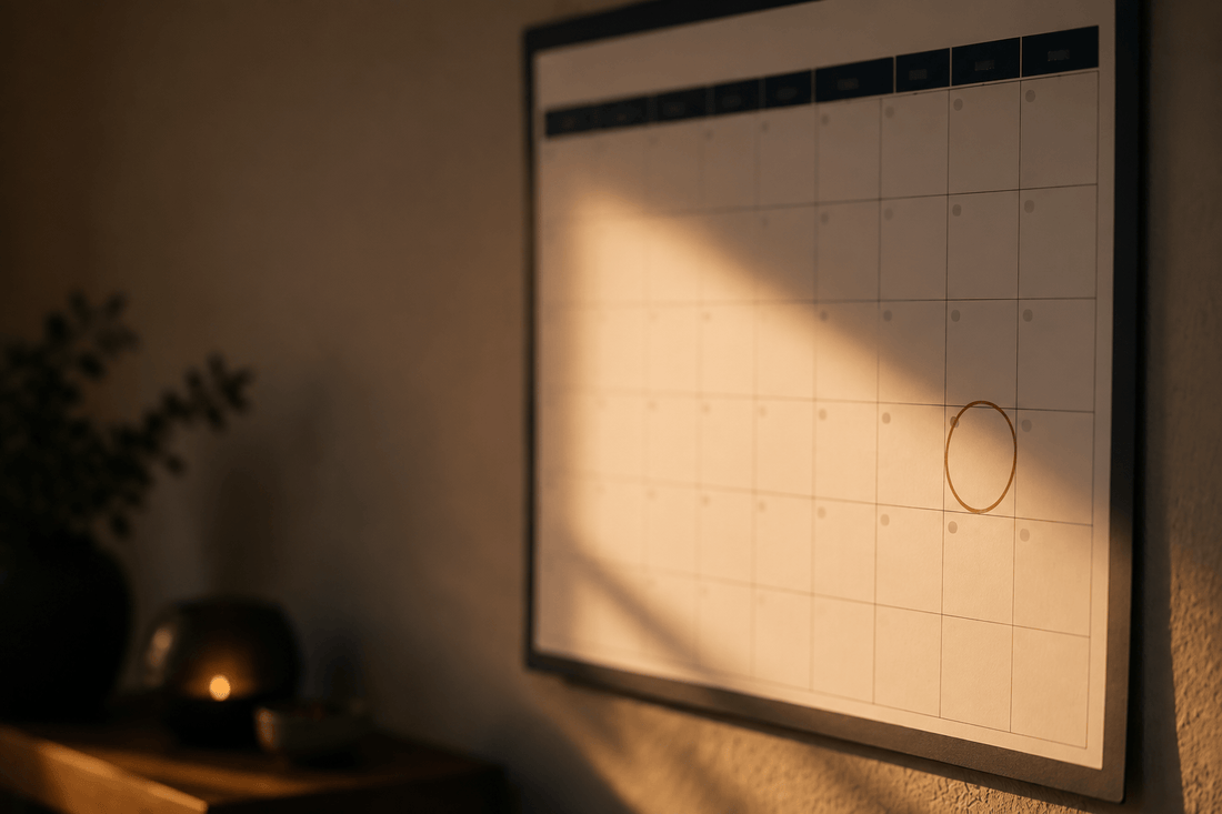 Image of a calendar wall planner with Sunday's date softly circled, warm late-afternoon light falling across it, slightly out of focus to keep the mood calm rather than literal