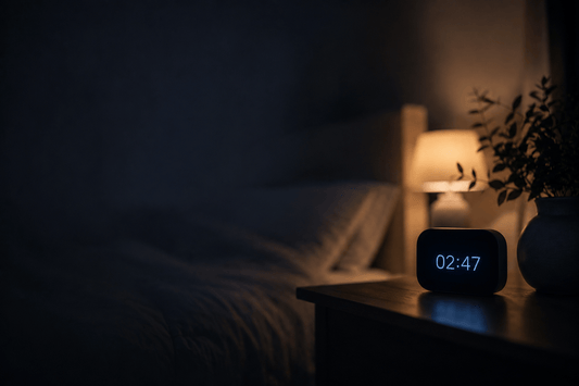 Image of a clock glowing faintly in a dark room, well past midnight, softly out of focus