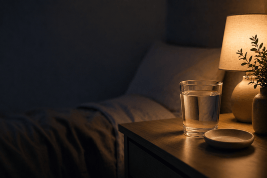 Image of a simple glass of water and a small empty dish on a nightstand, softly lit