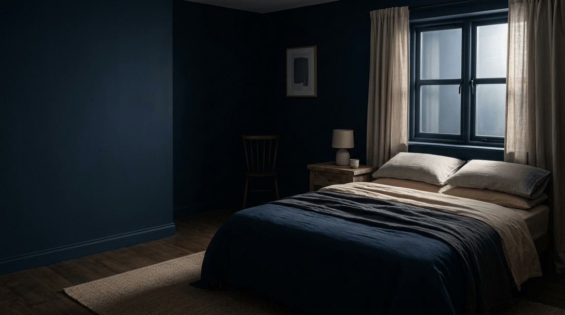 Cool, dark, calm bedroom set up for restful sleep