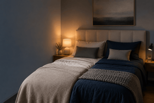 A neatly made double bed with two distinct pillow and blanket setups on either side, suggesting two people with different preferences sharing one calm space