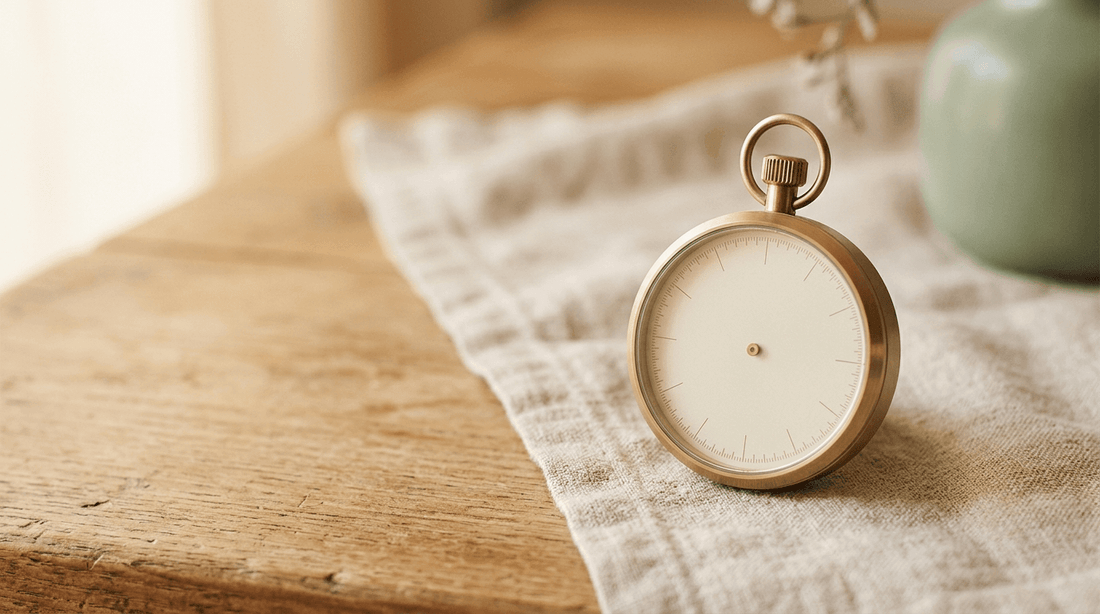 A simple, elegant analog stopwatch resting on a soft neutral surface
