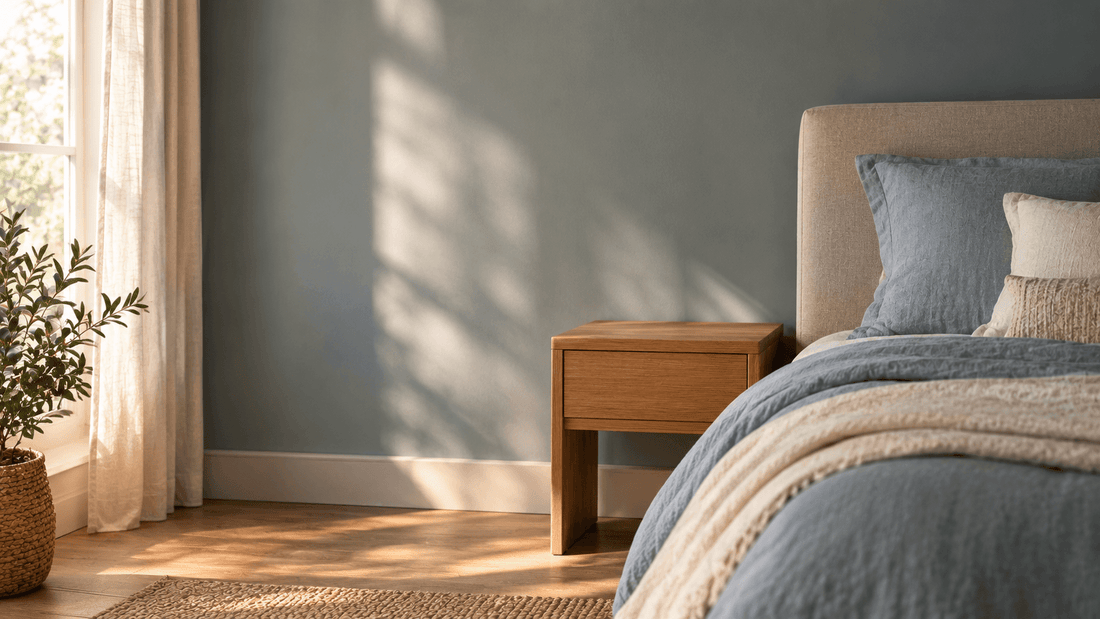 Calm, decluttered bedroom with natural materials and a tidy bedside table