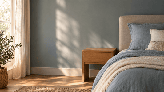 Calm, decluttered bedroom with natural materials and a tidy bedside table