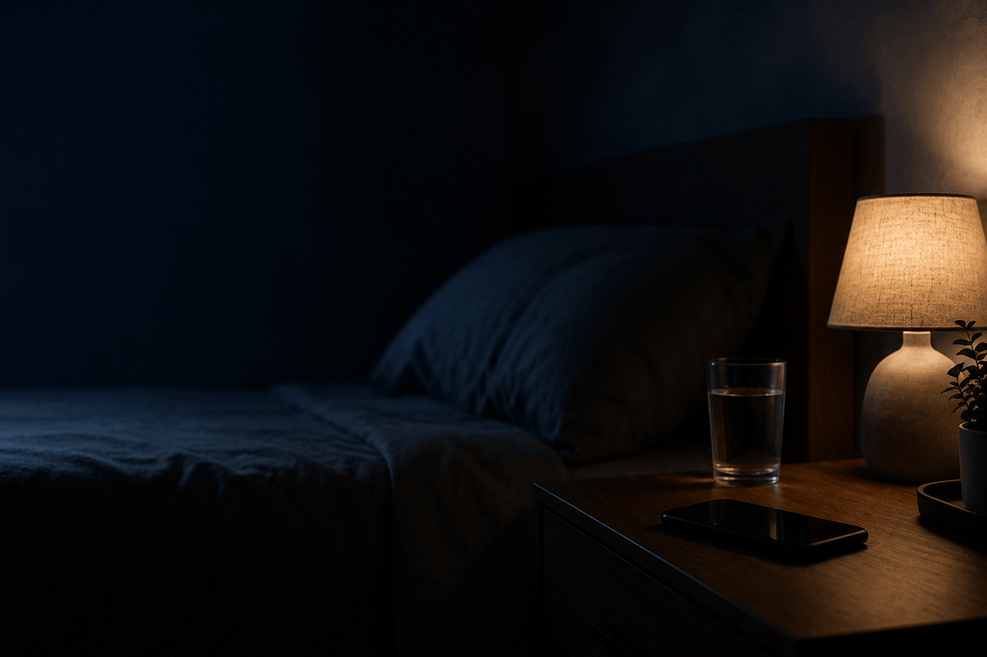 A dim, cozy bedroom at night lit by a single warm lamp, with a smartphone face-down on the nightstand, deliberately unused