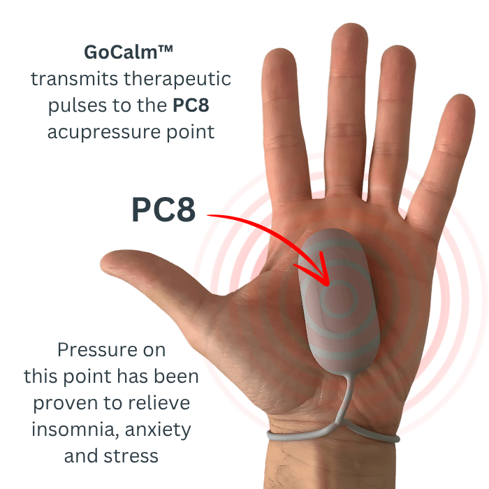 GoCalm device in the palm of an open hand