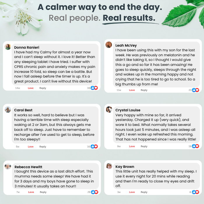 A digital graphic displaying a collection of customer testimonials and reviews for a sleep aid app or device, titled 'A calmer way to end the day. Real people.