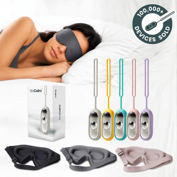 GoCalm device with packaging on a white background alongside the Comfort Sleep Mask as a bundle package