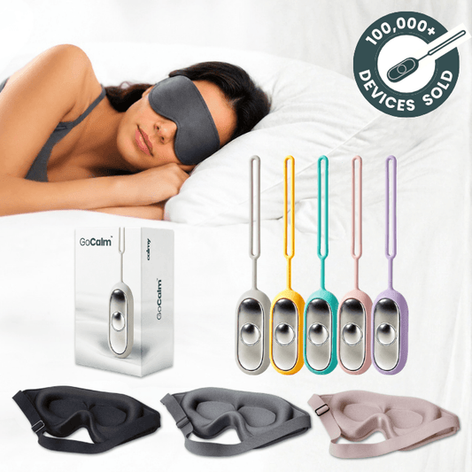 GoCalm device with packaging on a white background alongside the Comfort Sleep Mask as a bundle package