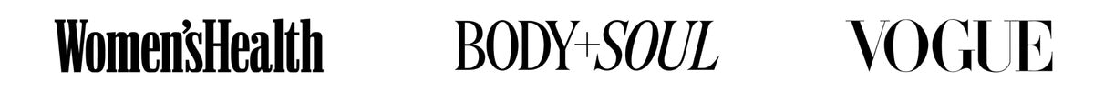 Logos of Women's Health, Body + Soul, and Vogue on a white background
